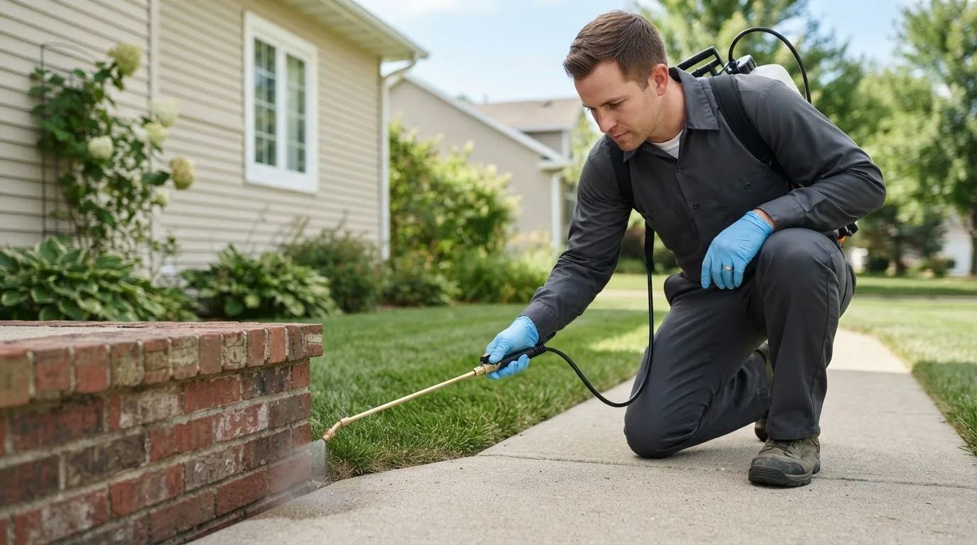 Pest control technician treating a home near Rocky River, OH