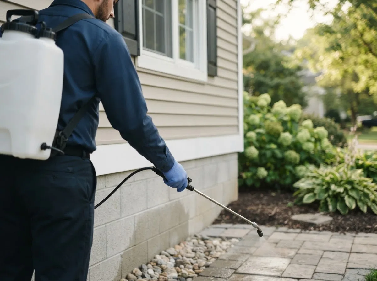 Pest control technician inspecting a home in Rocky River, OH